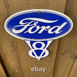 Vintage Ford V8 Porcelain Metal Sign USA Gas Oil Service Station Auto Mechanic