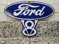 Vintage Ford V8 Porcelaine Enseigne Station D'essence À Moteur Service Camion Concessionnaire De Voiture