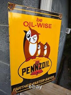 Vintage Grand Pennzoil Be Oil Wise Gas Oil Service Station Plaque De Porcelaine