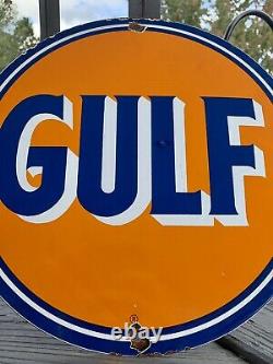 Vintage Gulf Essence Porcelaine Connexion Gaz Metal Service Station De Pompage Plate Annonce
