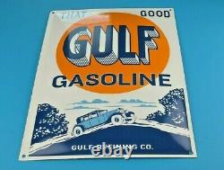 Vintage Gulf Essence Porcelaine Gaz 16 Station De Service Plaque De Pompe Grand Panneau