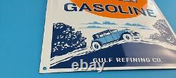 Vintage Gulf Essence Porcelaine Gaz 16 Station De Service Plaque De Pompe Grand Panneau