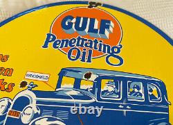 Vintage Gulf Pénétrating Oil Porcelaine Signe Station De Service Gaz D'essence À Moteur