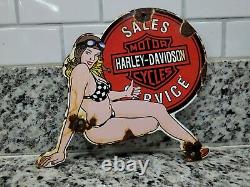 Vintage Harley Davidson Porcelaine Moto Fille Enseigne Station D'essence Service De Pétrole