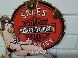 Vintage Harley Davidson Porcelaine Moto Fille Enseigne Station D'essence Service De Pétrole