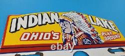 Vintage Indian Lake Porcelaine Ohio Station De Service D'essence Panneau Topper Indien