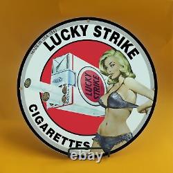 Vintage Lucky Strike Essence Porcelaine Station De Service De Gaz Plaque De Pompe Automatique