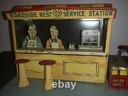Vintage Marx Tin Litho Roadside Rest Service Station De Remplissage D’essence Des Années 1930