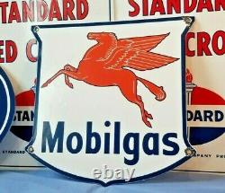 Vintage Mobil Essence Service En Porcelaine Station Pompe Mobiloil Pegasus Sign