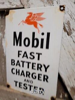 Vintage Mobil Porcelaine Sign Gas Station Service Batterie Chargeur Testeur Car Oil