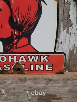 Vintage Mohawk Essence Porcelaine Signe Station D'essence Red Indian Motor Oil Service
