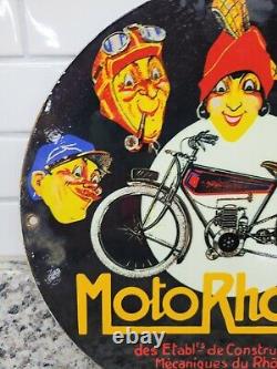Vintage Moto Rhony Porcelaine Sign Antique Motorcycle Gas Station Oil Service