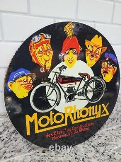Vintage Moto Rhony Porcelaine Sign Antique Motorcycle Gas Station Oil Service