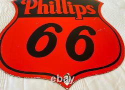 Vintage Phillips 66 Essence Porcelaine Signe Station D'essence Pétrole À Moteur Insigne De Service