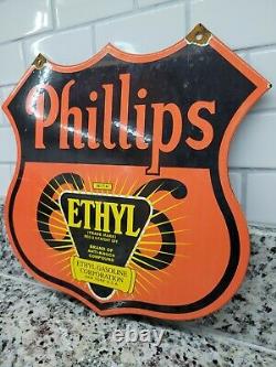 Vintage Phillips 66 Porcelaine Signe Ethyl Gasoline Gas Station Bouclier De Service De Pétrole