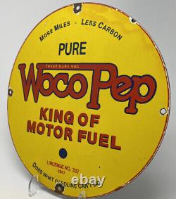 Vintage Pure Woco Pep Essence Porcelaine Signe Station D'essence Service D'huile À Moteur