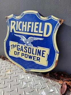 Vintage Richfield Porcelaine Enseigne Station D'essence Service De Pétrole À Moteur Garage Shield