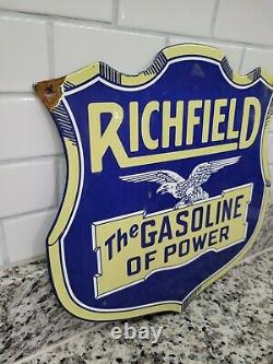 Vintage Richfield Porcelaine Enseigne Station D'essence Service De Pétrole À Moteur Garage Shield