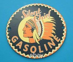 Vintage Silent Chief Gasoline Station De Service De L'essence De Porcelaine Pompe Indienne 6 Panneau
