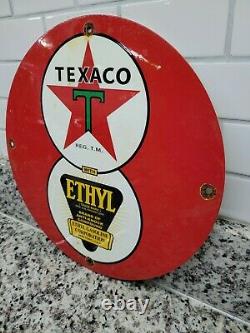 Vintage Texaco Porcelaine Enseigne Texas USA Station D'essence À Moteur Pompe De Service Ethyl