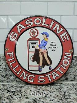 Vintage Texaco Porcelaine Signe Station De Remplissage De Gaz Fille Oil Service Garage Texas