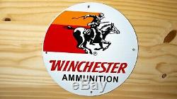 Vintage Winchester Porcelaine Signe Gaz Pompe À Huile Plaque Station Service Cowboy Gun